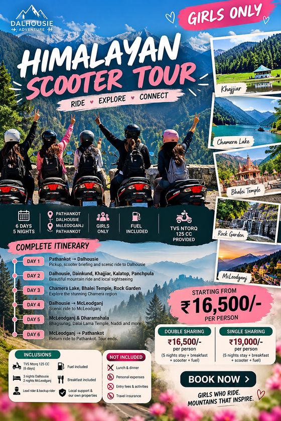 Girls Only Himalayan Scooter Tour poster: 6 days, 5 nights, Pathankot, Dalhousie, McLeodganj, from ₹16,500 per person