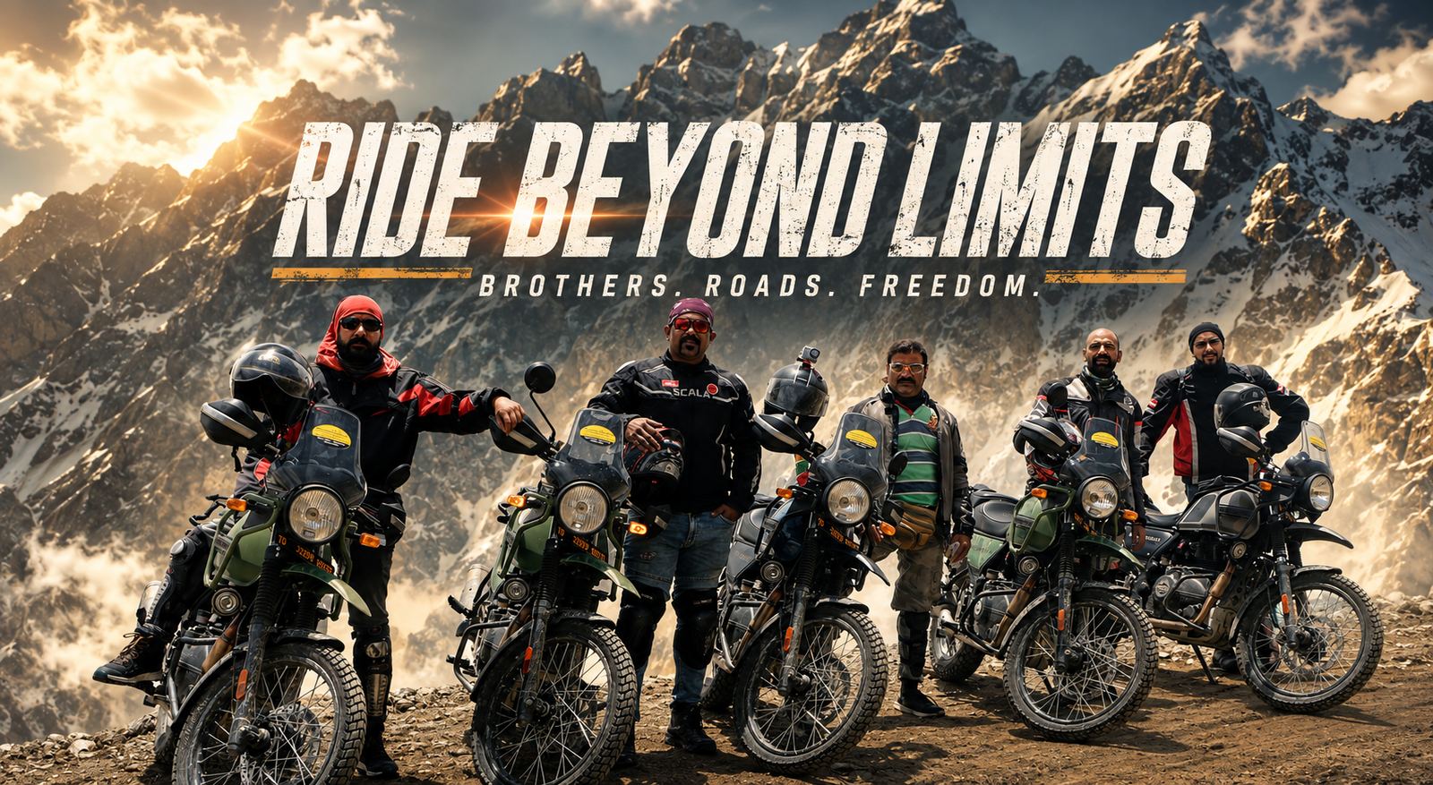 Ride beyond limits. Brothers, roads, freedom. Five riders with their Royal Enfield Himalayans in the high mountains.