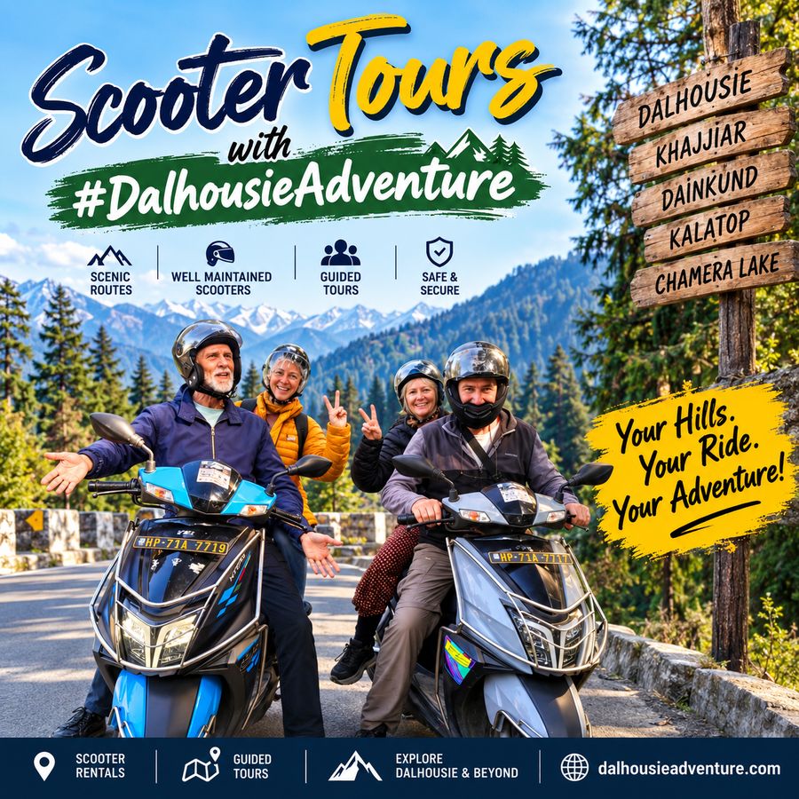 Scooter Tours with Dalhousie Adventure: riders on TVS Ntorq scooters on a mountain road, with signposts to Dalhousie, Khajjiar, Dainkund, Kalatop and Chamera Lake